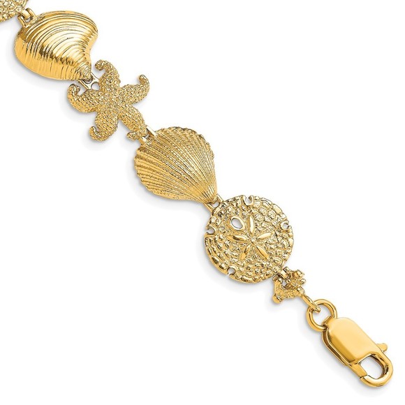 14k Yellow Gold Sea Life Polished Starfish/Shell/Clam Link 7.5 inch Bracelet - Picture 1 of 4